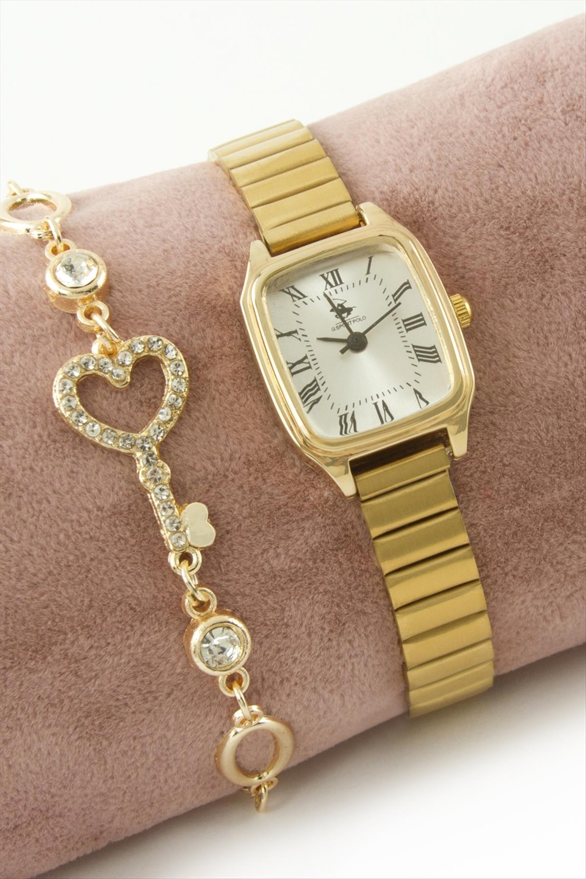 Metal Kordonlu Bayan Kol Saati ve Bileklik Kombini