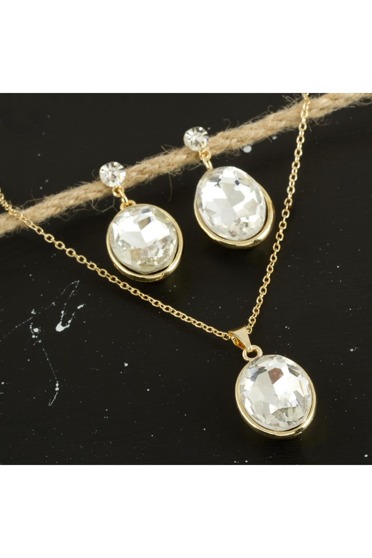 Oval Taşlı Set Kolye