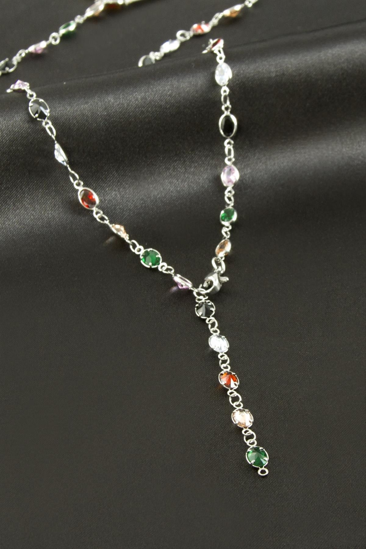 Oval Zirkon Taşlı Çelik Y Kolye