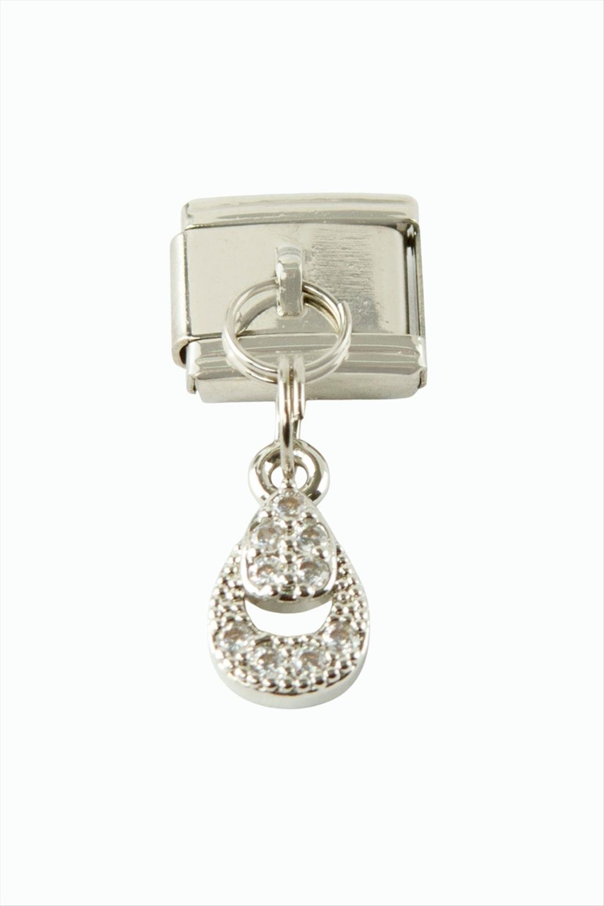 Oval Zirkon Taşlı Sallatılı Çelik Charm