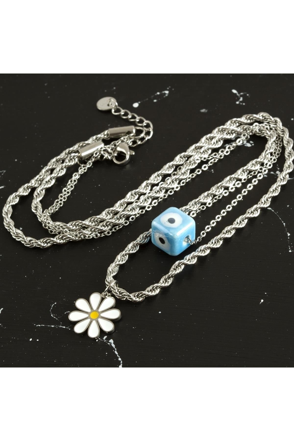 Papatya Mineli Lüks Çelik İkili Kolye