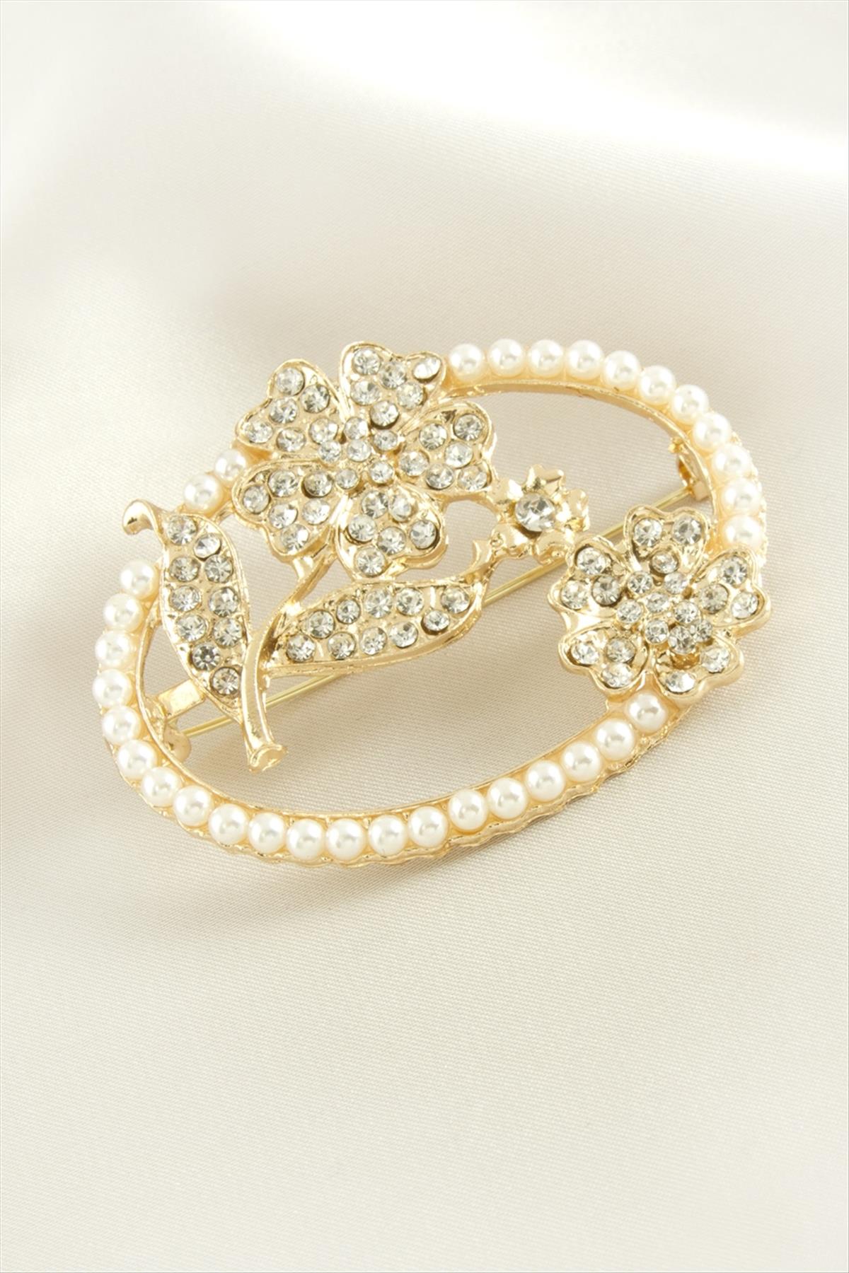 Yonca Çiçek İnci Taşlı Broş