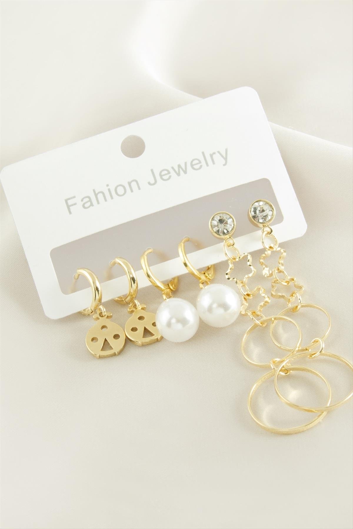 6 Adet Uğur Böceği İnci Taşlı Halka Küpe