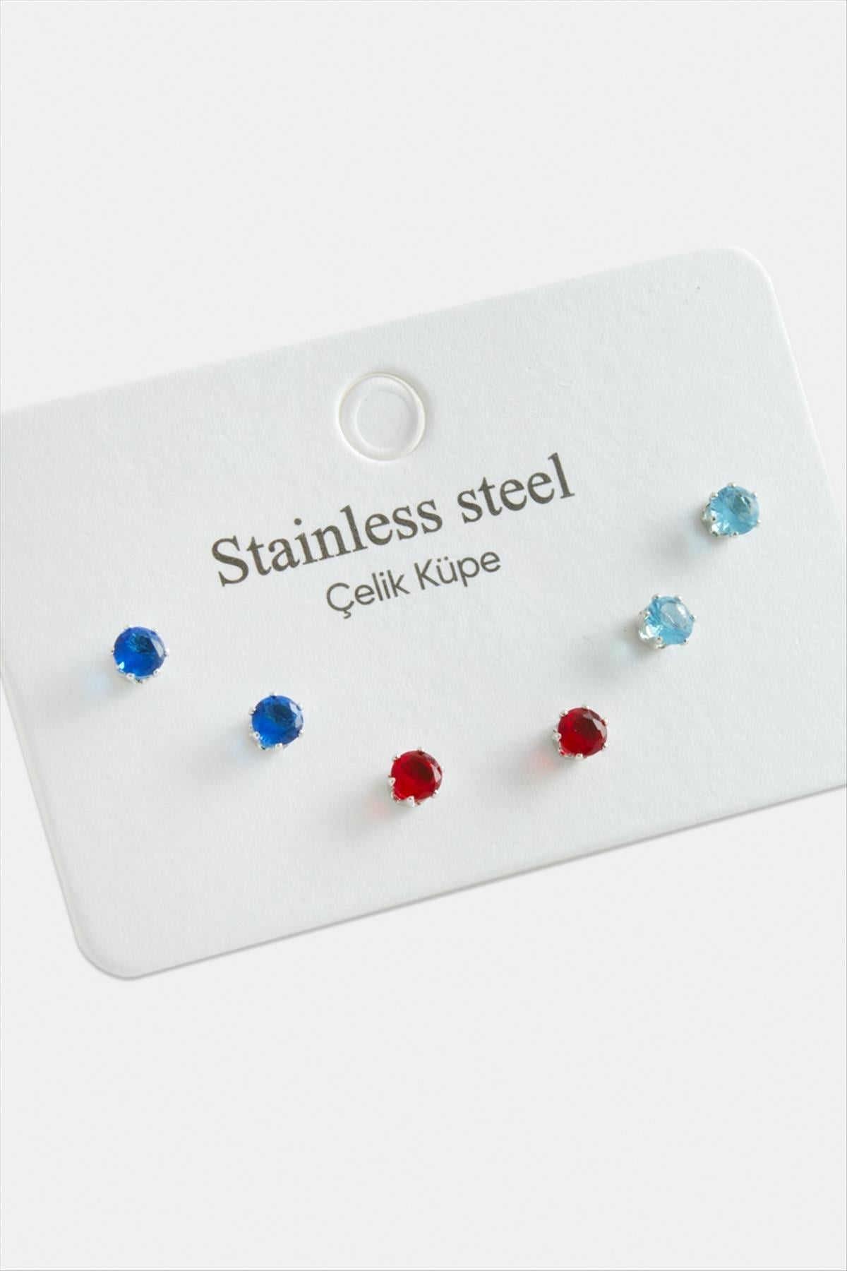 6 Adet Yuvarlak Zirkon Tek Taşlı Çelik Küpe