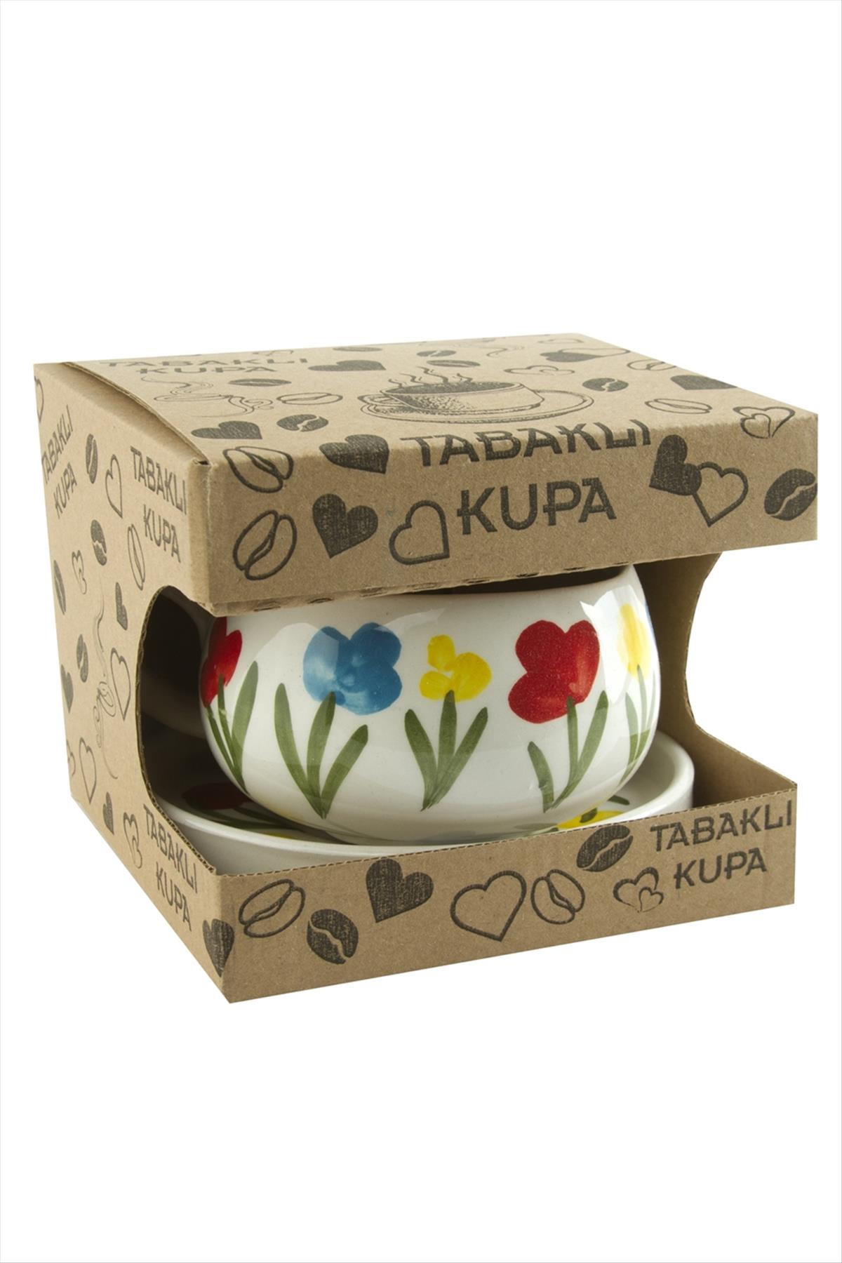 Çiçek Desenli Seramik Tabaklı Kupa