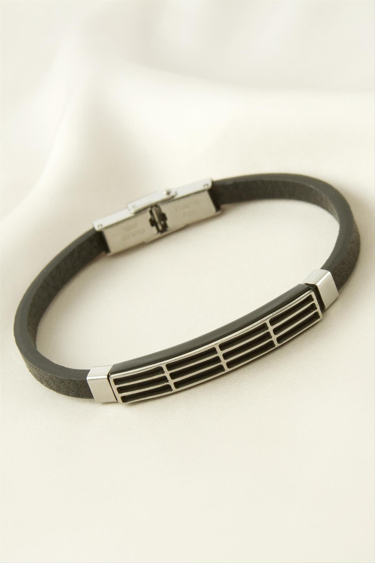 Çizgili Deri Çelik Bileklik
