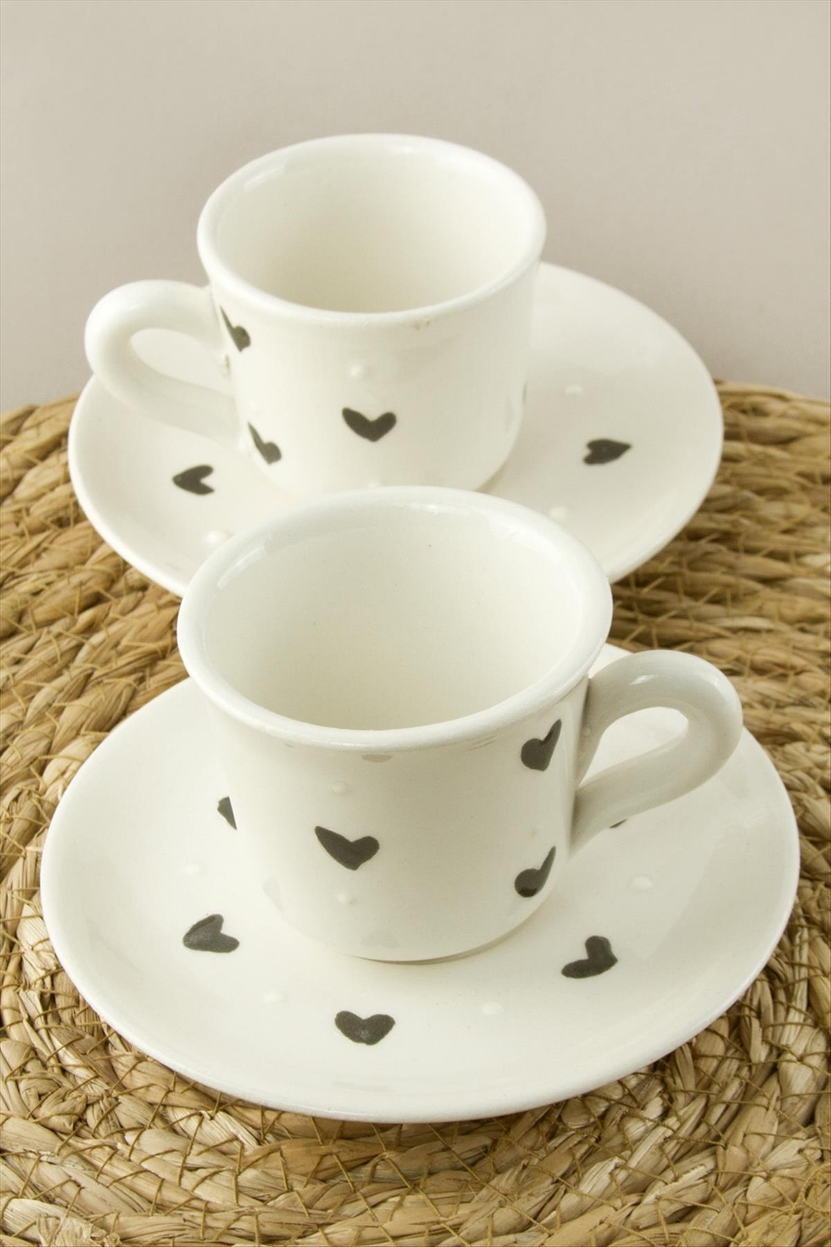 Kalp Desenli Seramik İkili Fincan Takımı