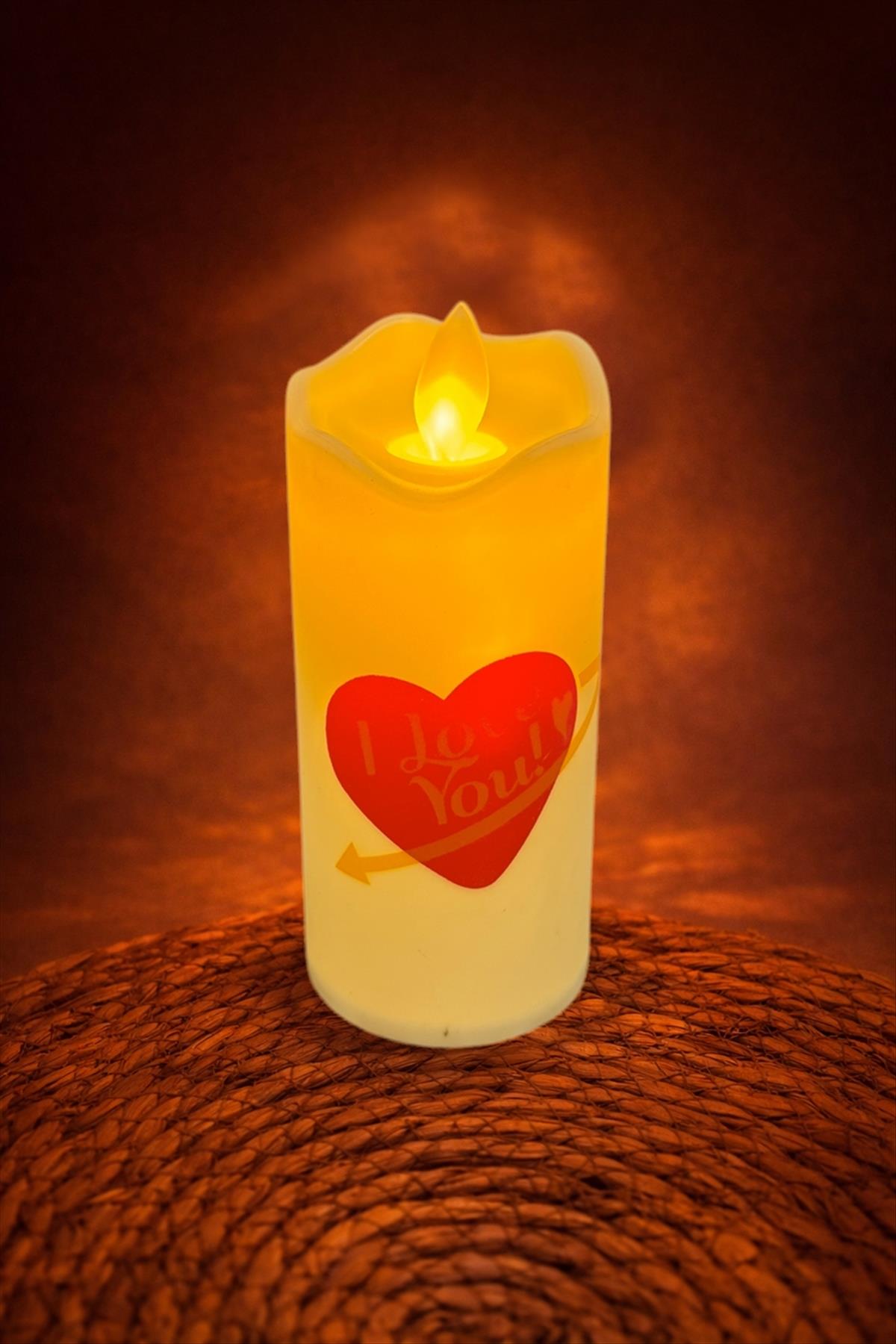 Kalp I Love You Yazılı Işıklı Mum 12 cm