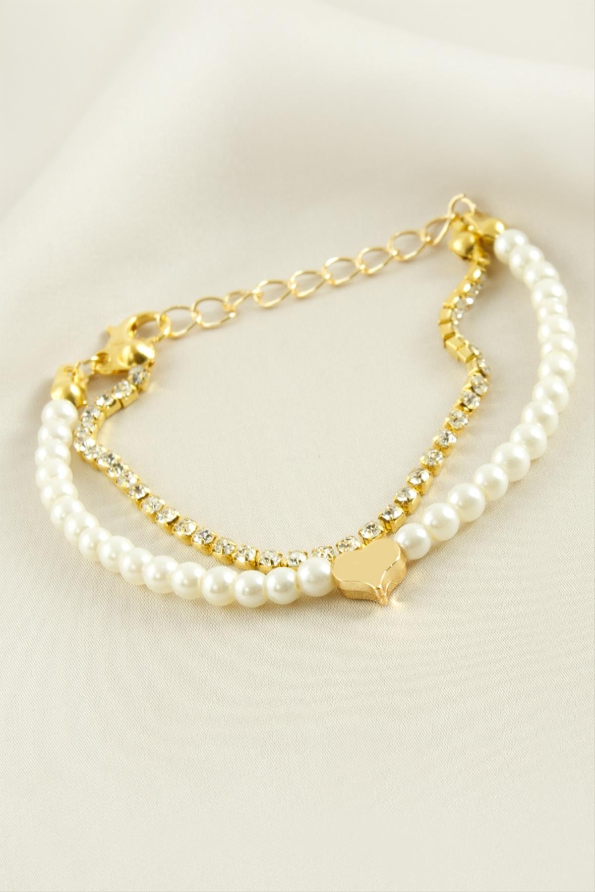 Kalp Şerit Taşlı İnci Bileklik