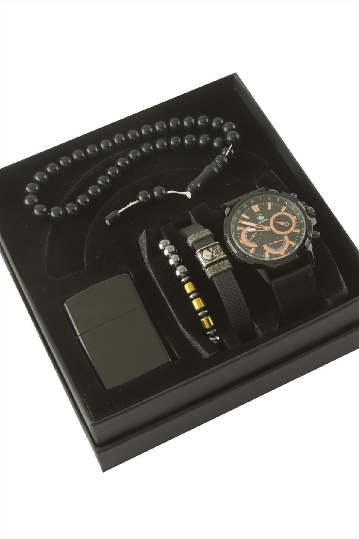 Kayışlı Kol Saati Tesbih Bileklik ve Çakmak Kutulu Set