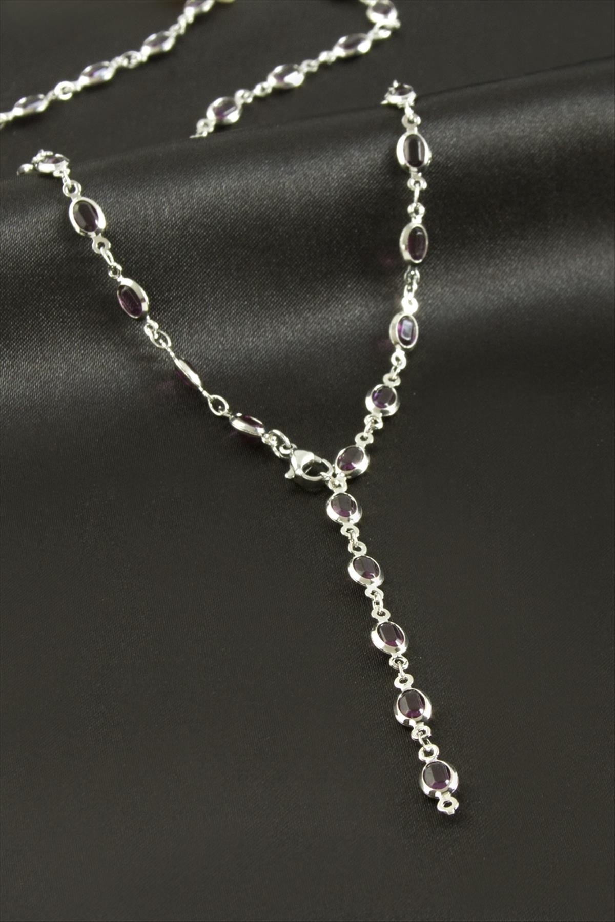 Oval Zirkon Taşlı Çelik Y Kolye