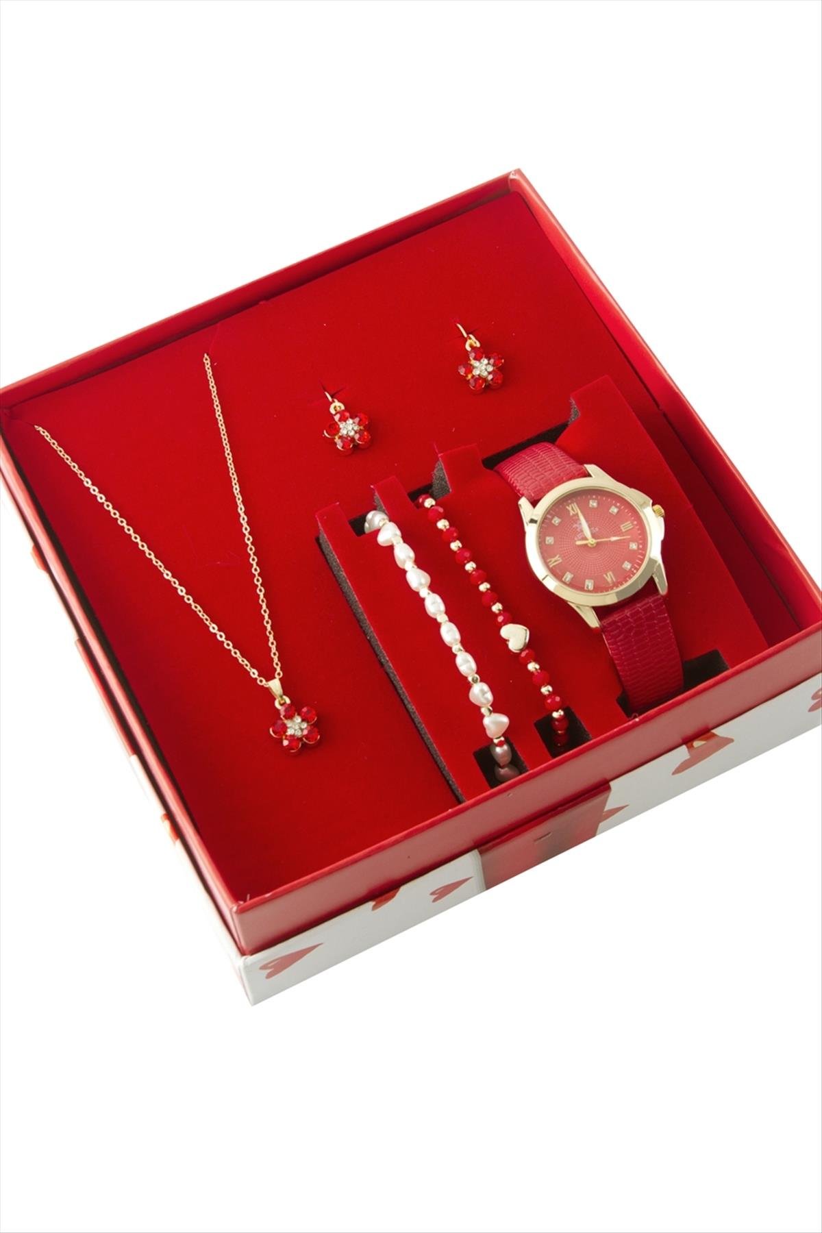 Papatya Kayışlı Bayan Kol Saati ve Takı Seti Kombini