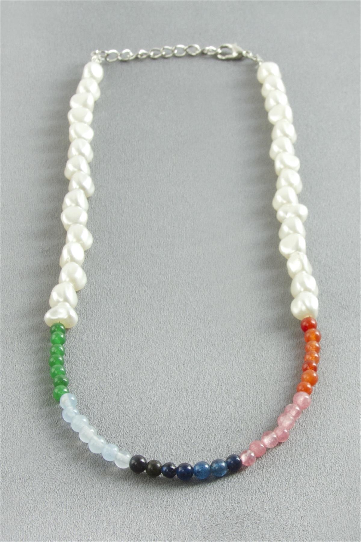 Renkli Doğaltaşlı İnci Kolye