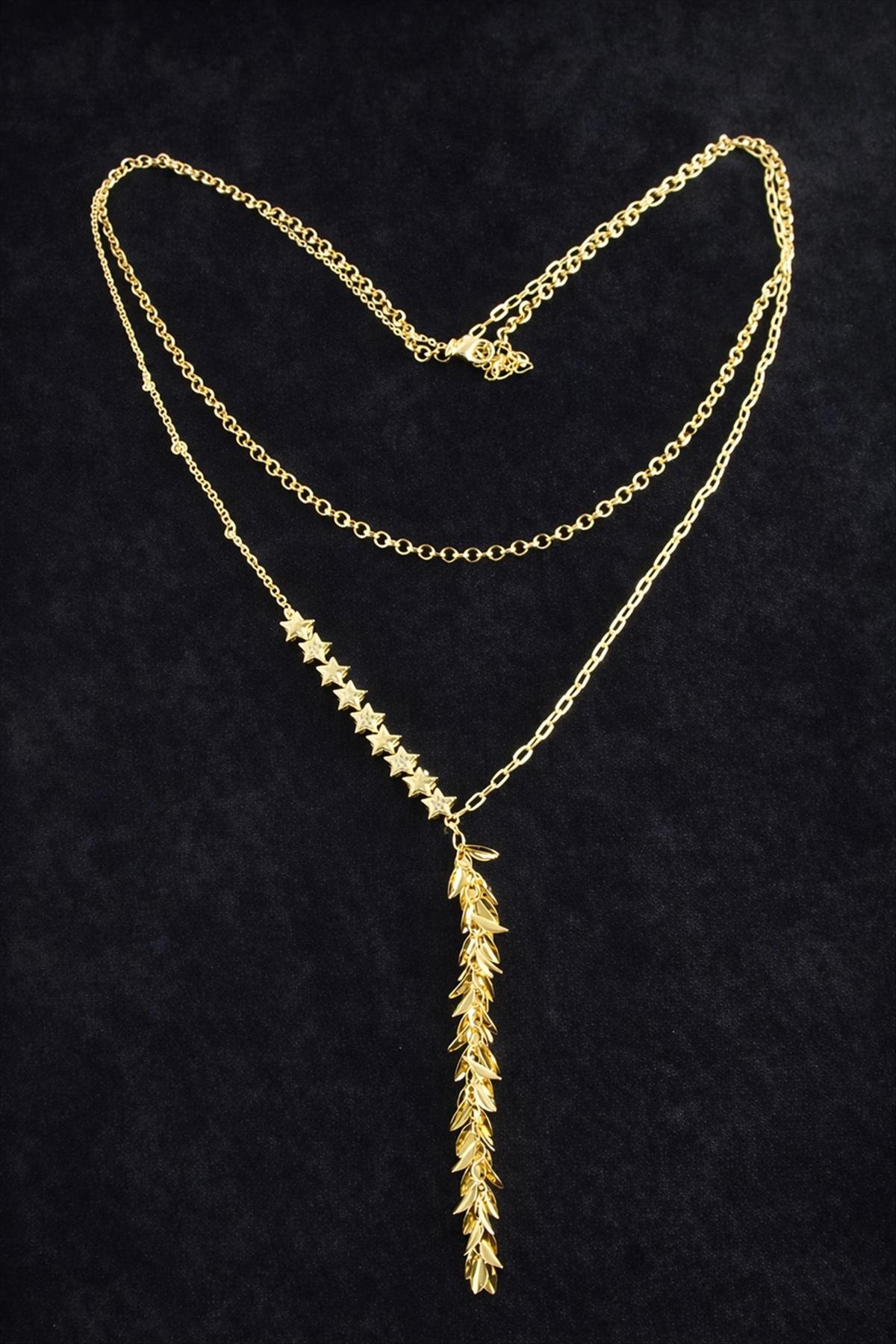 Yıldız Pullu Zirkon Taşlı Lüks İkili Çelik Kolye