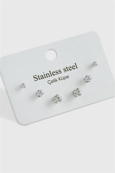6 Adet Zirkon Tek Taşlı Çelik Küpe