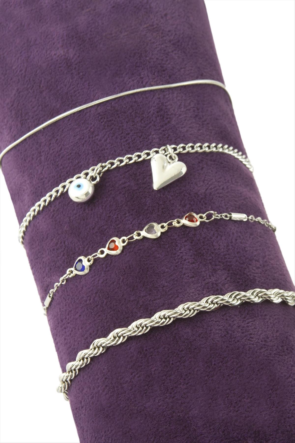 4 Adet Kalp Nazar Taşlı Zincir Bileklik