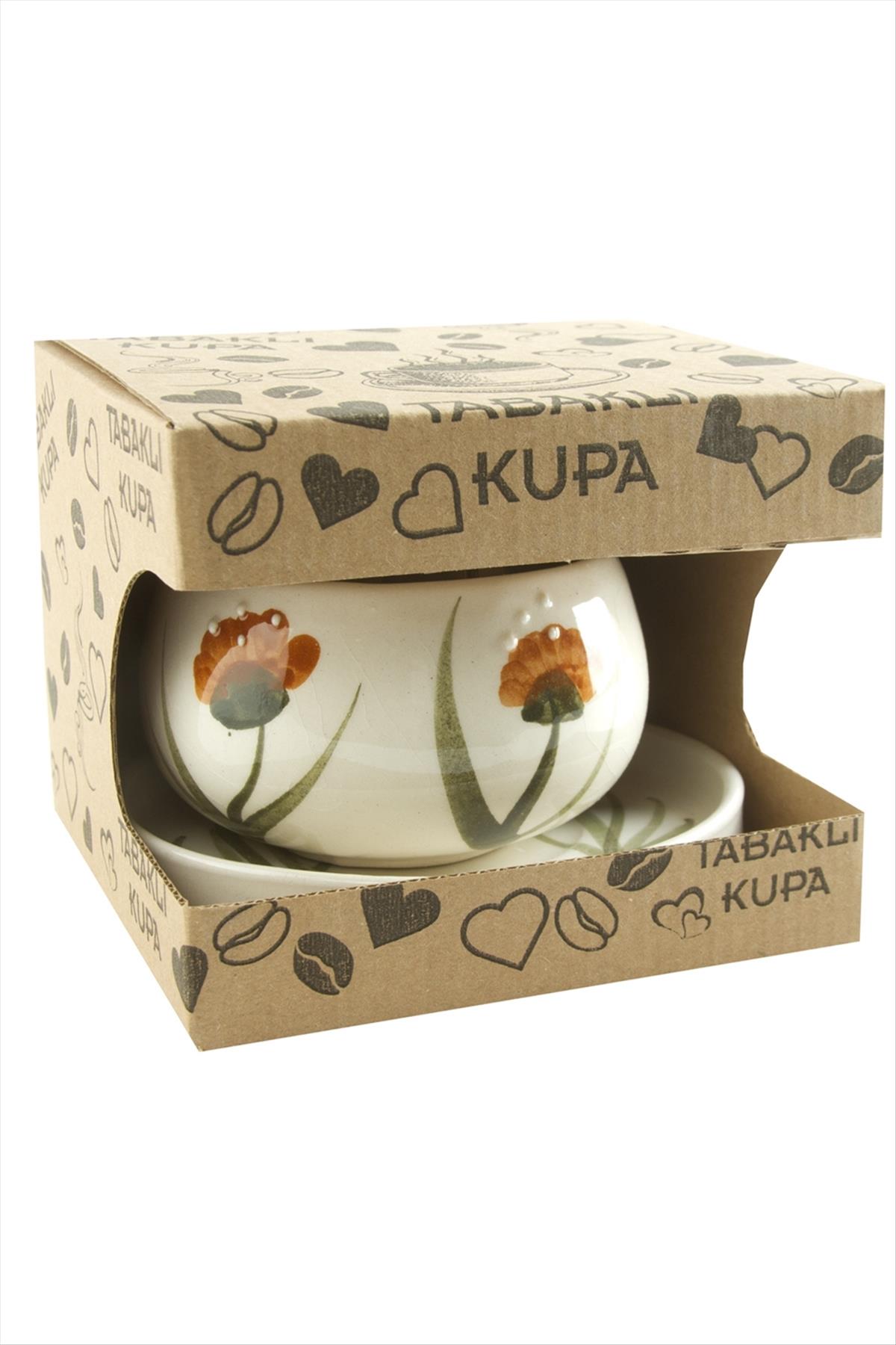 Çiçek Desenli Seramik Tabaklı Kupa