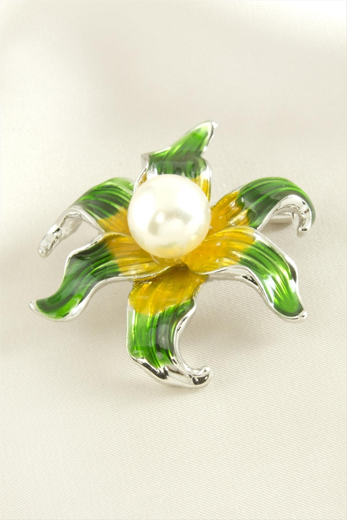 Çiçek Mineli İnci Broş