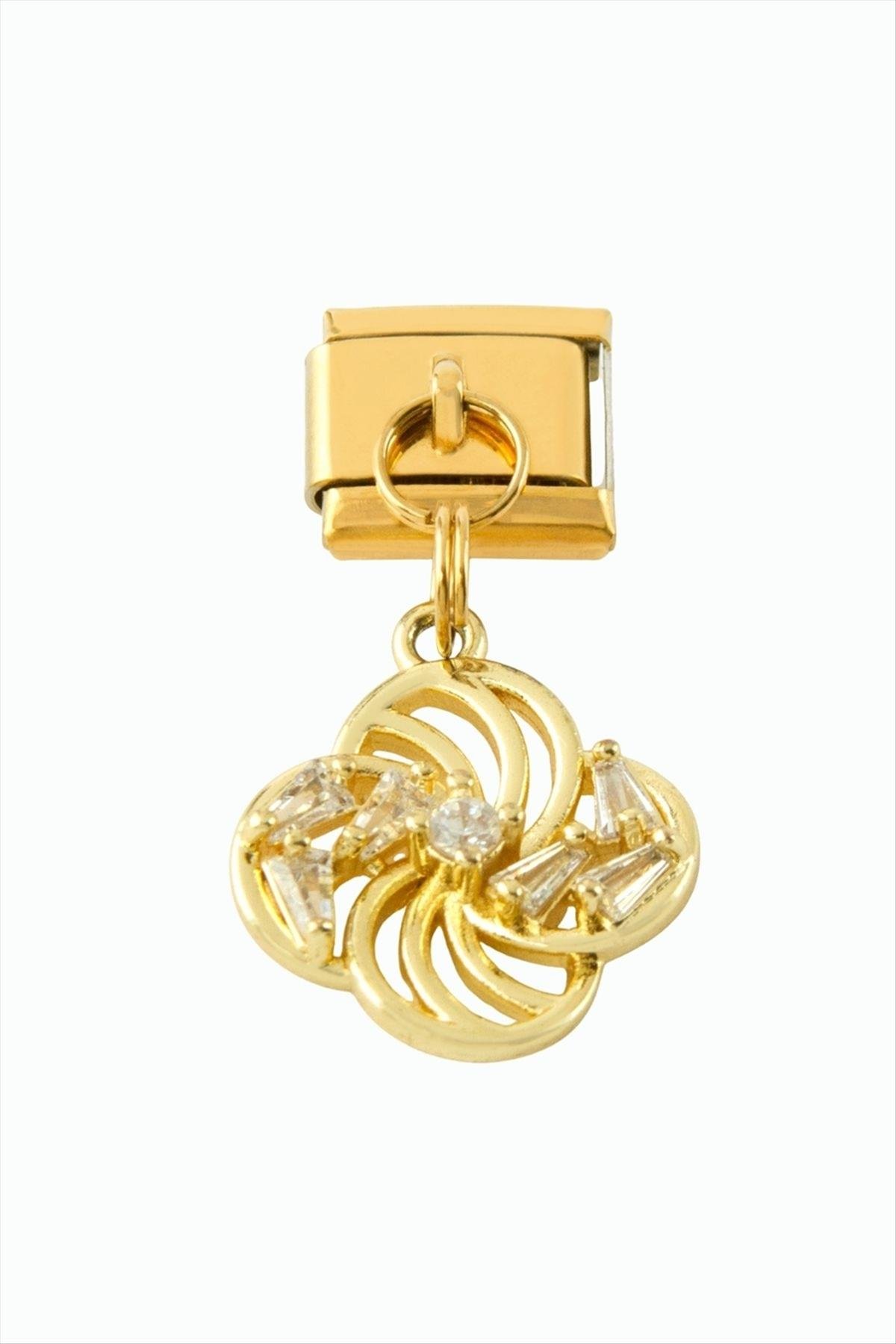 Çiçek Zirkon Taşlı Sallatılı Çelik Charm