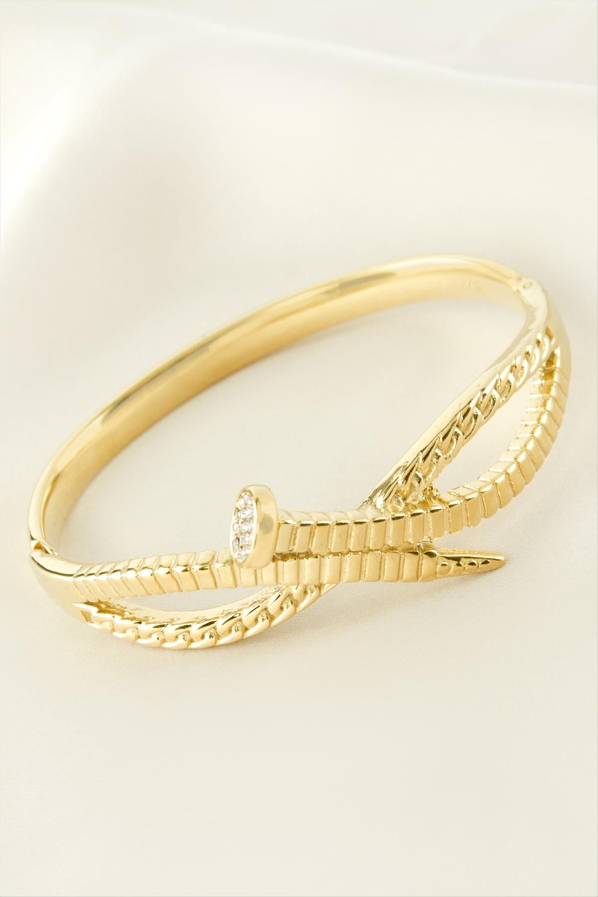 Çivi Zirkon Taşlı Lüks Çelik Kelepçe Bileklik