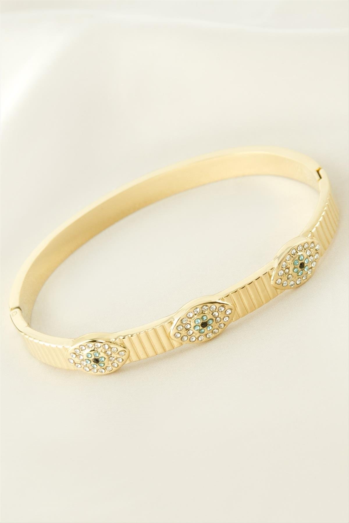 Göz Zirkon Taşlı Lüks Çelik Kelepçe Bileklik