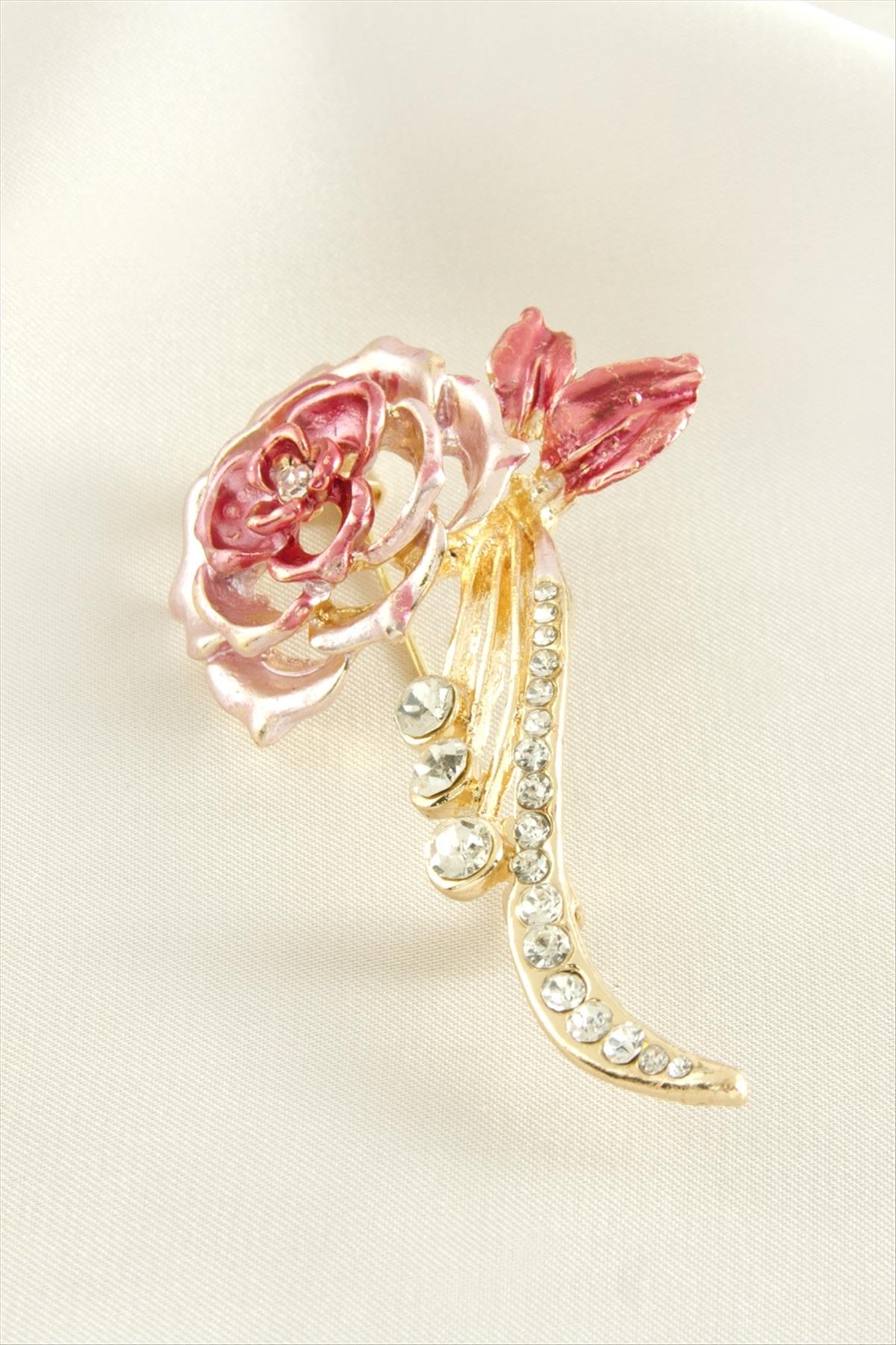 Gül Mineli Taşlı Broş
