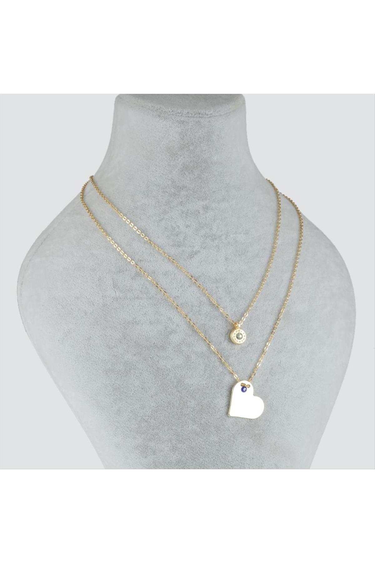 Kalp Figürlü Nazarlı Plaka İkili Kolye