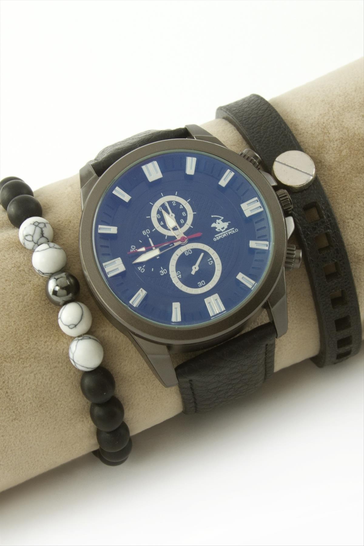 Kayışlı Erkek Kol Saati ve Bileklik Kombini