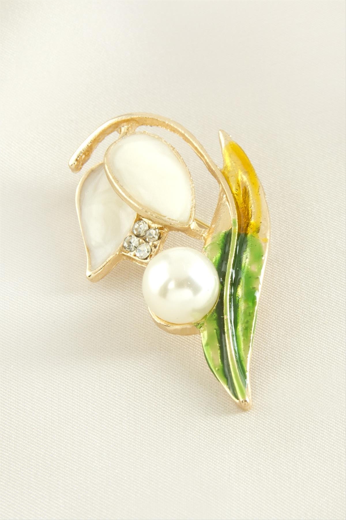 Lale Yaprak Mineli Taşlı Broş