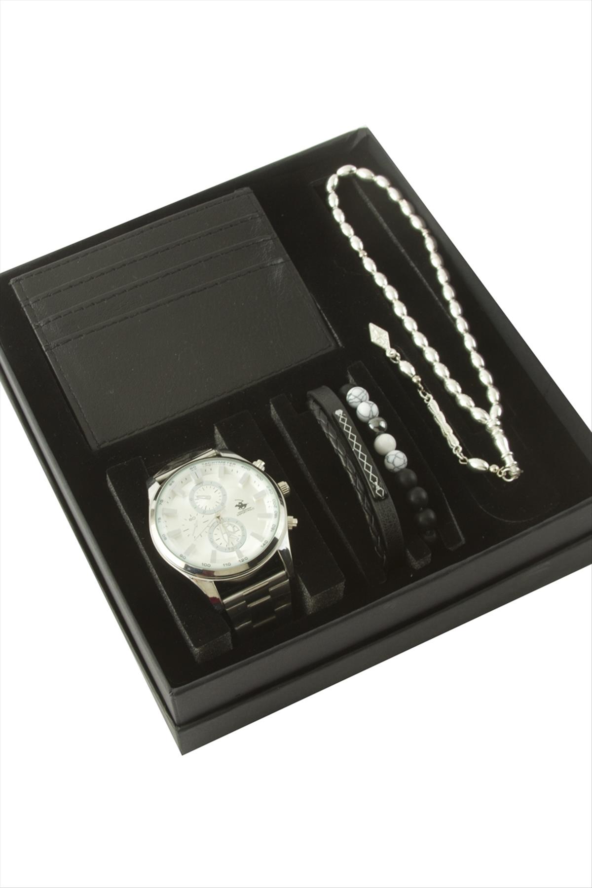 Metal Kol Saati Tesbih Bileklik ve Cüzdan Kutulu Set