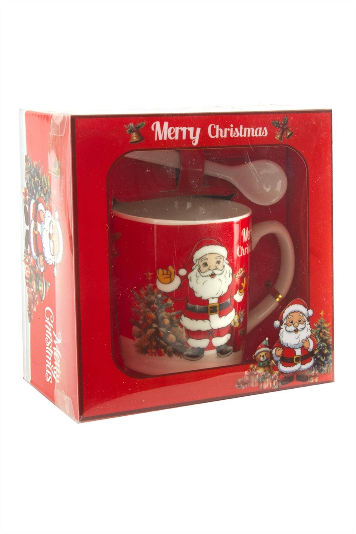 Noel Baba Desenli Yılbaşı Seramik Kaşıklı Kupa