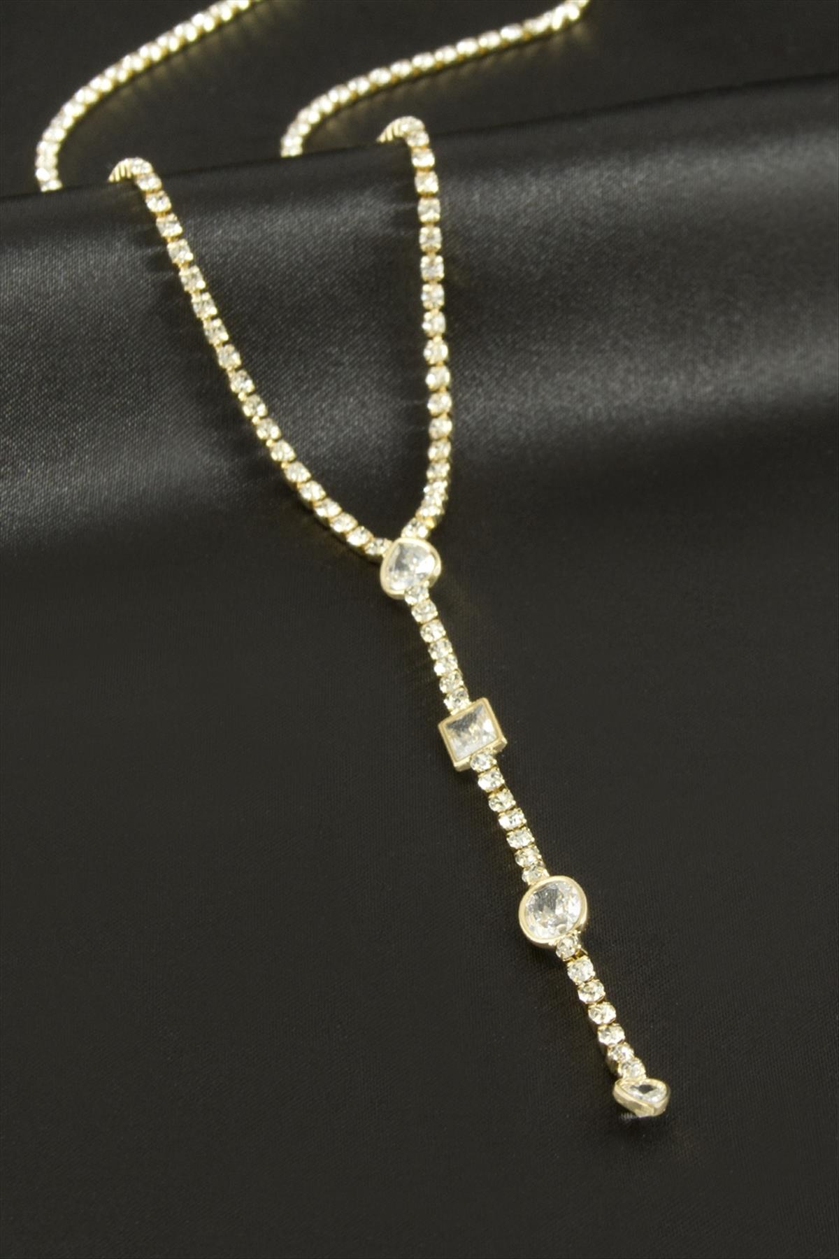 Oval Şerit Taşlı Çelik Y Kolye