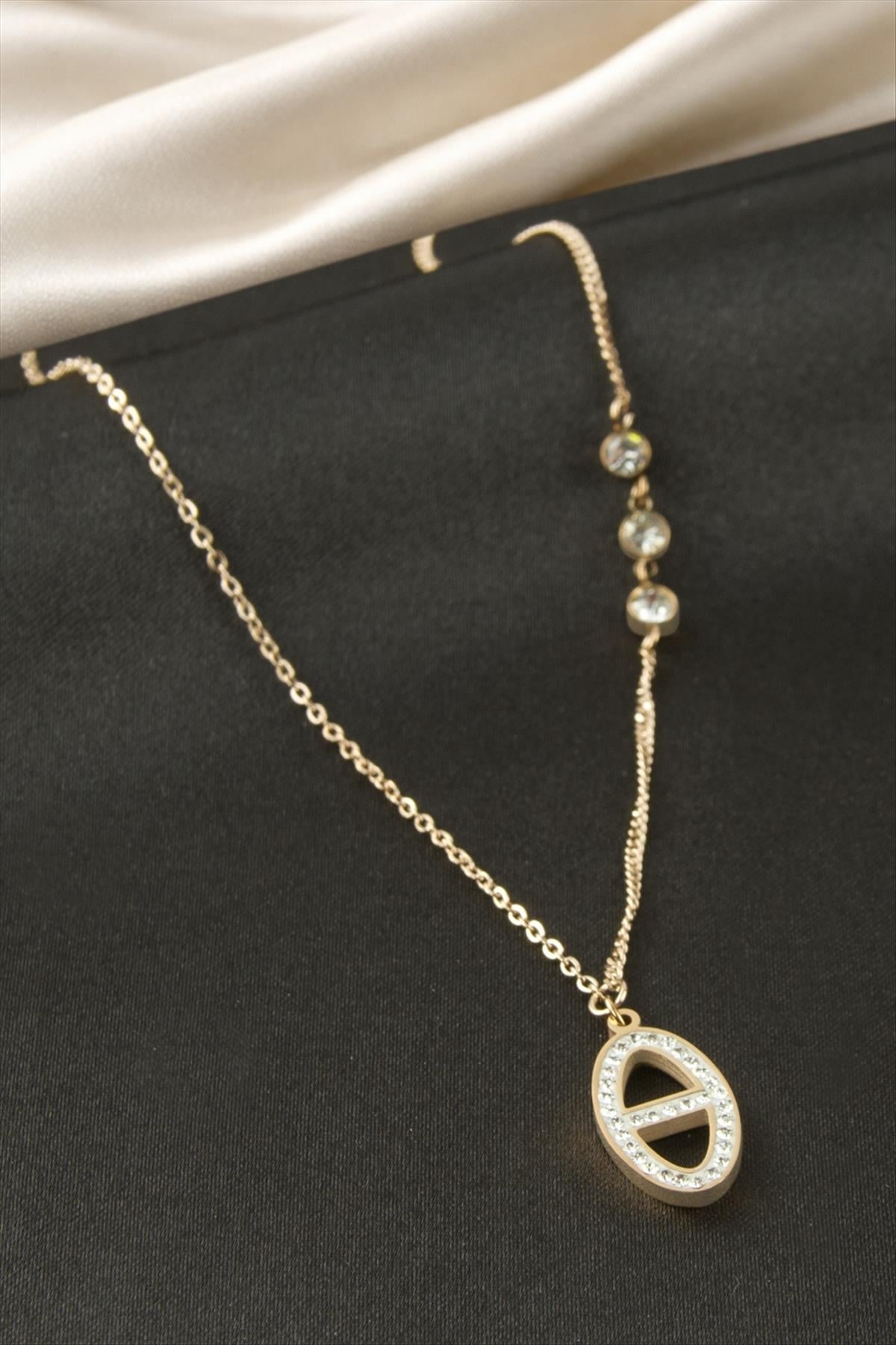 Oval Taşlı Çelik Kolye