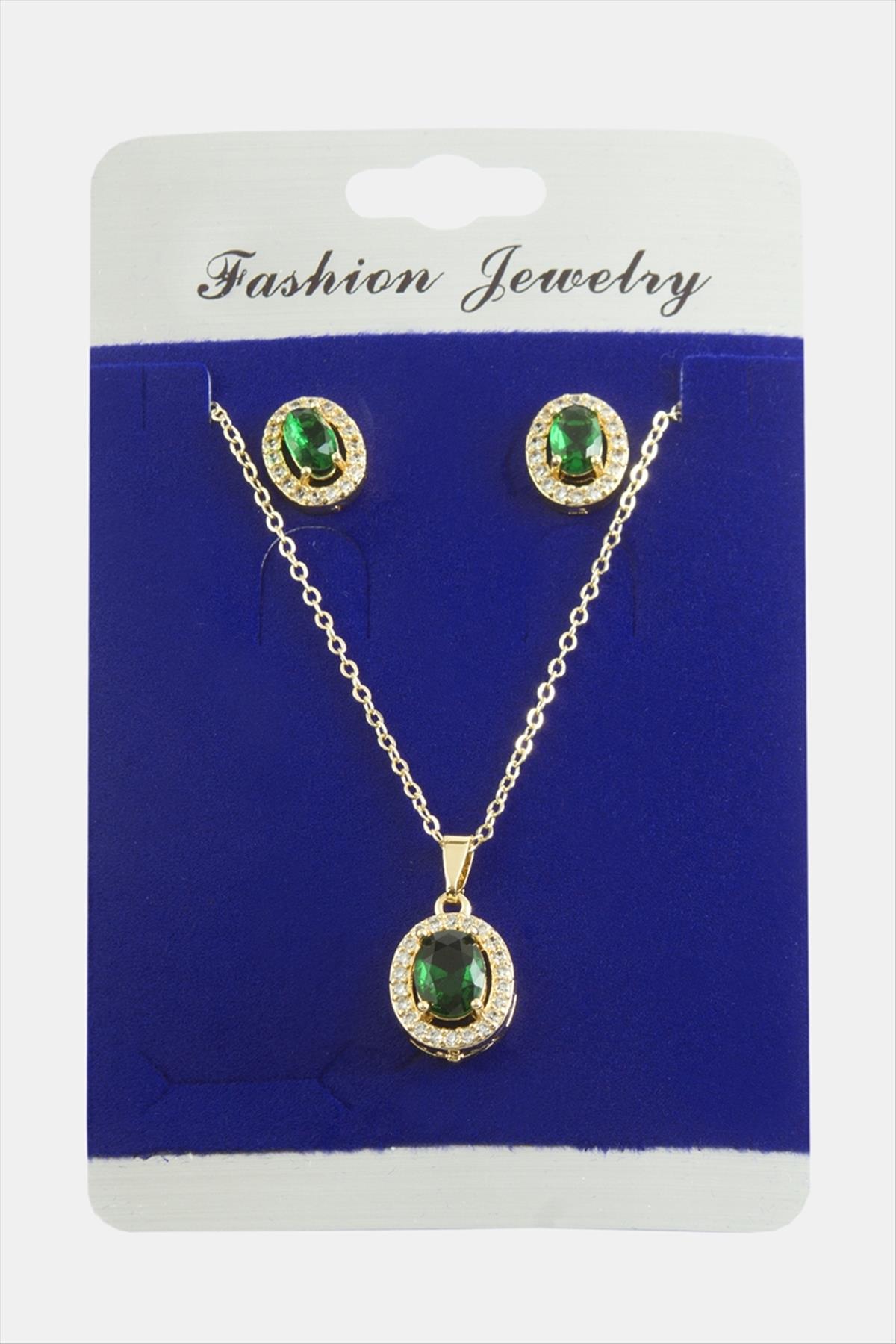 Oval Zirkon Taşlı Set Kolye
