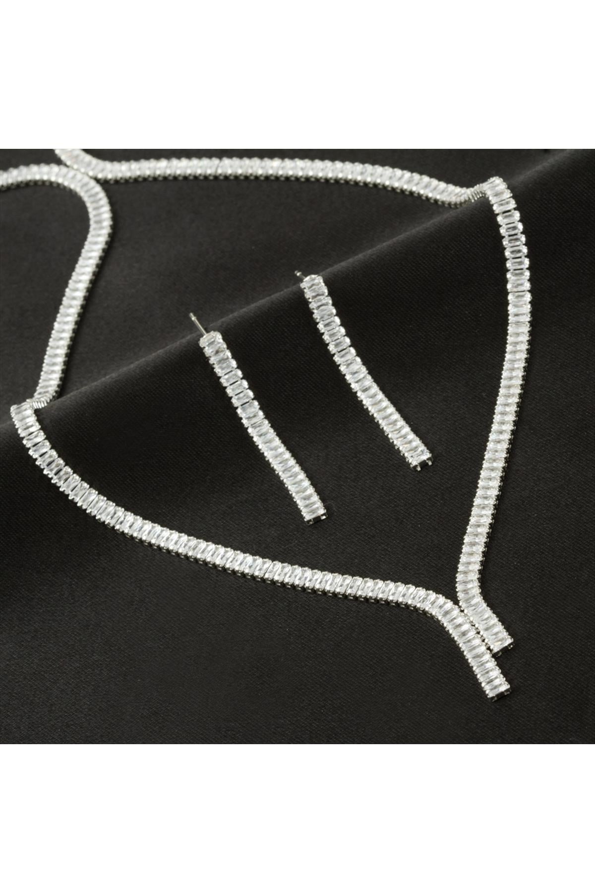 Tamtur Baget Taşlı Lüks Kararmaz Set Kolye 4 mm