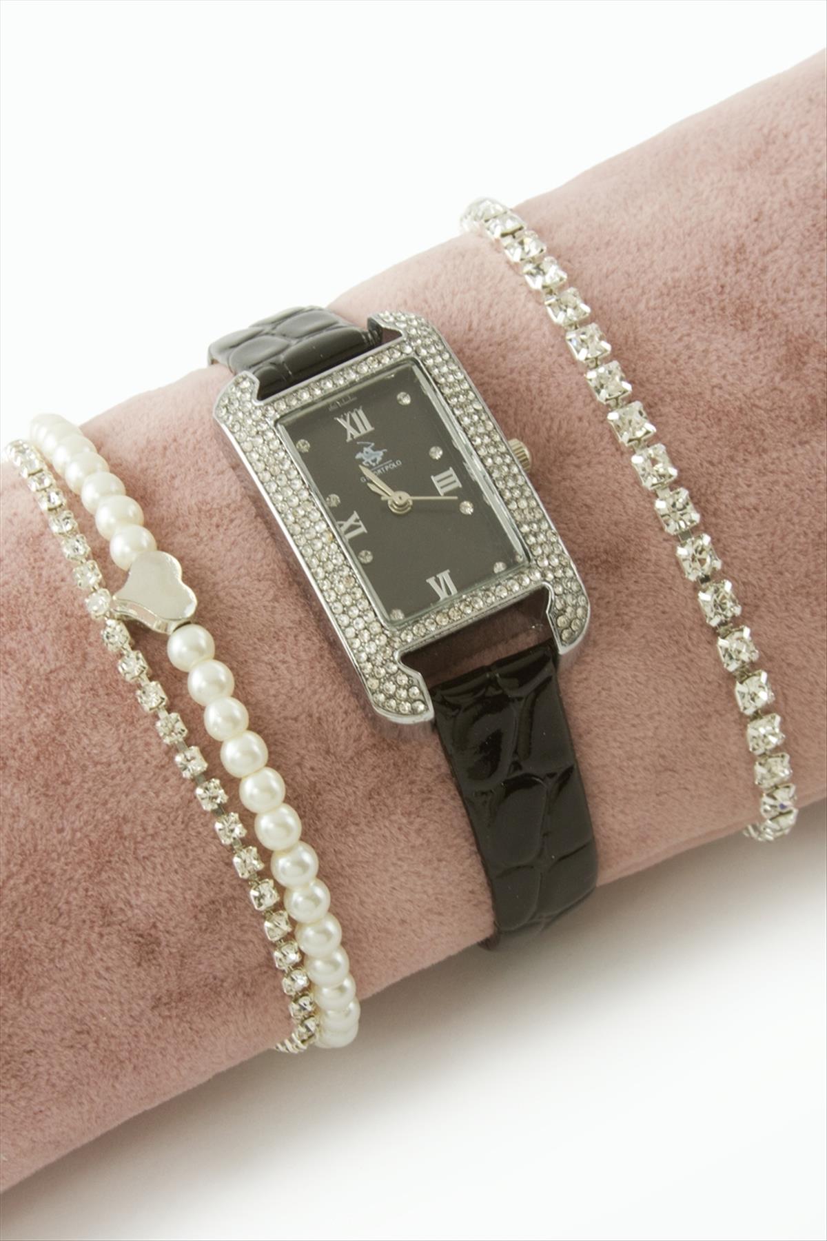 Taşlı Kayışlı Bayan Kol Saati ve Bileklik Kombini