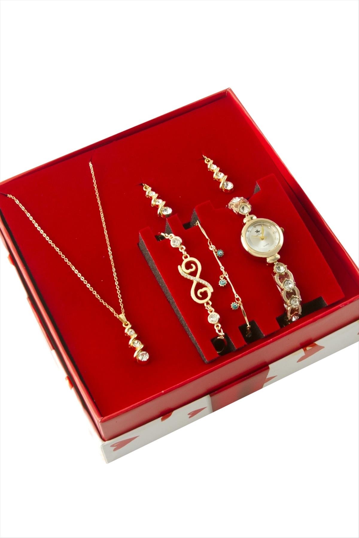 Taşlı Kayışlı Bayan Kol Saati ve Takı Seti Kombini