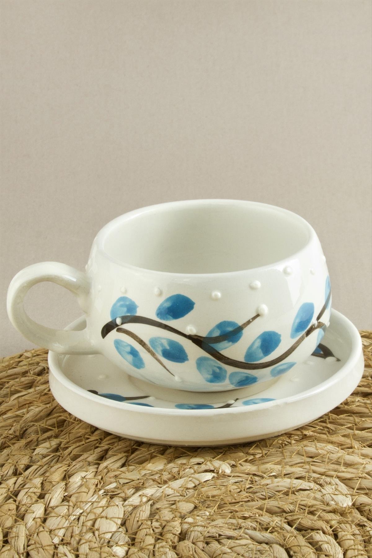 Yapraklı Salkım Desenli Seramik Tabaklı Kupa