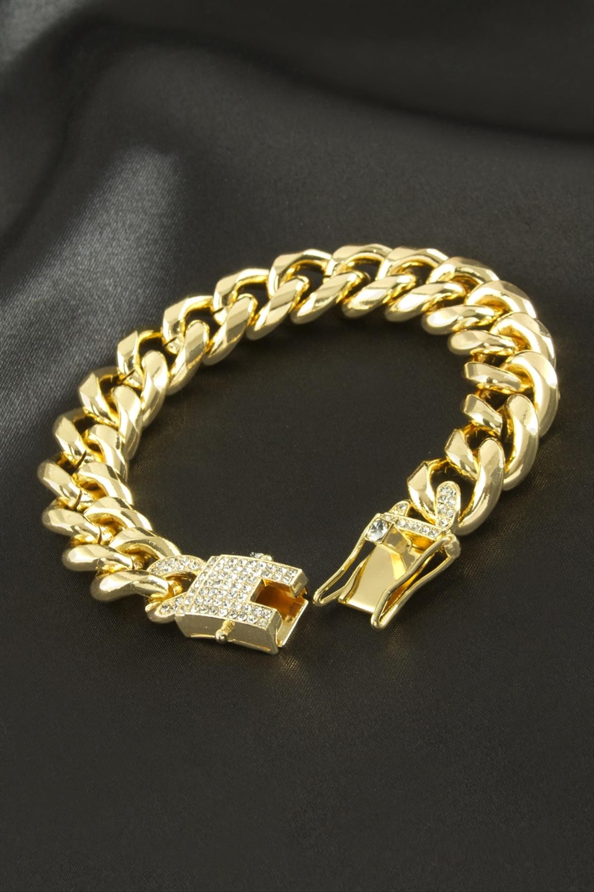 Zirkon Taşlı Kalın Zincir Lüks Çelik Bileklik
