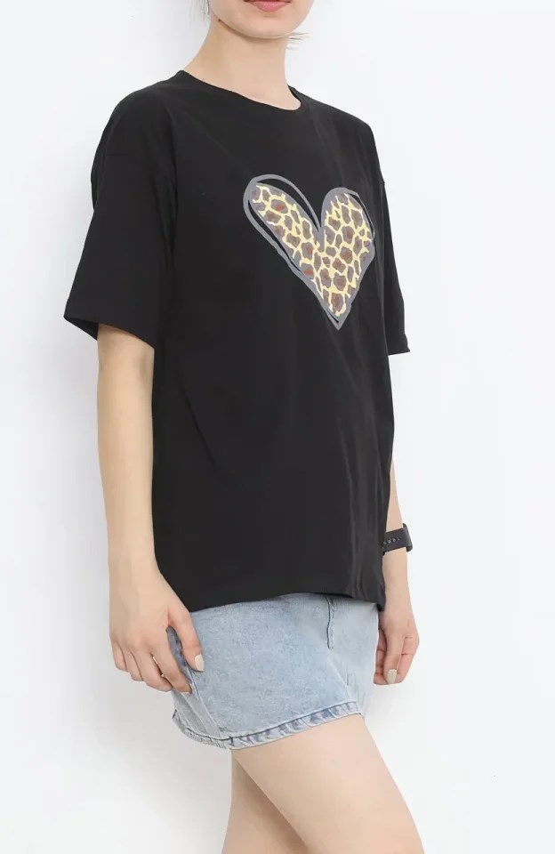 14 Şubat Sevgililer Günü Leopar Kalp Baskılı Oversize Bisiklet Yaka T-shirt - Siyah