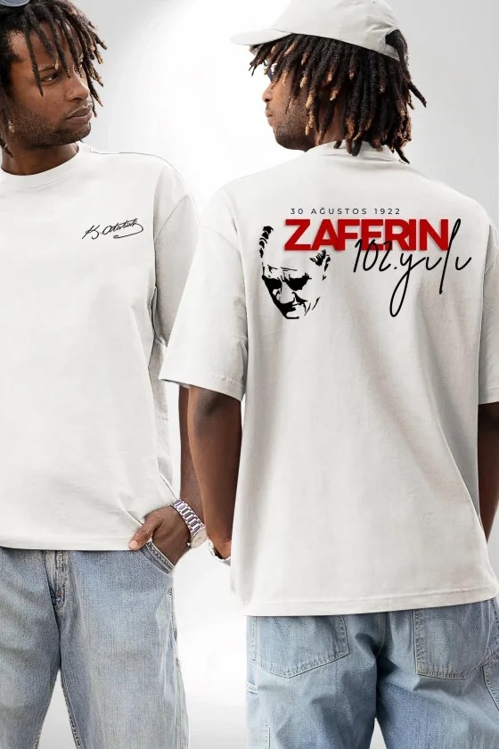 30 Ağustos Zafer Bayramı Ön Arka Baskılı Oversize Bisiklet Yaka T-shirt - Beyaz