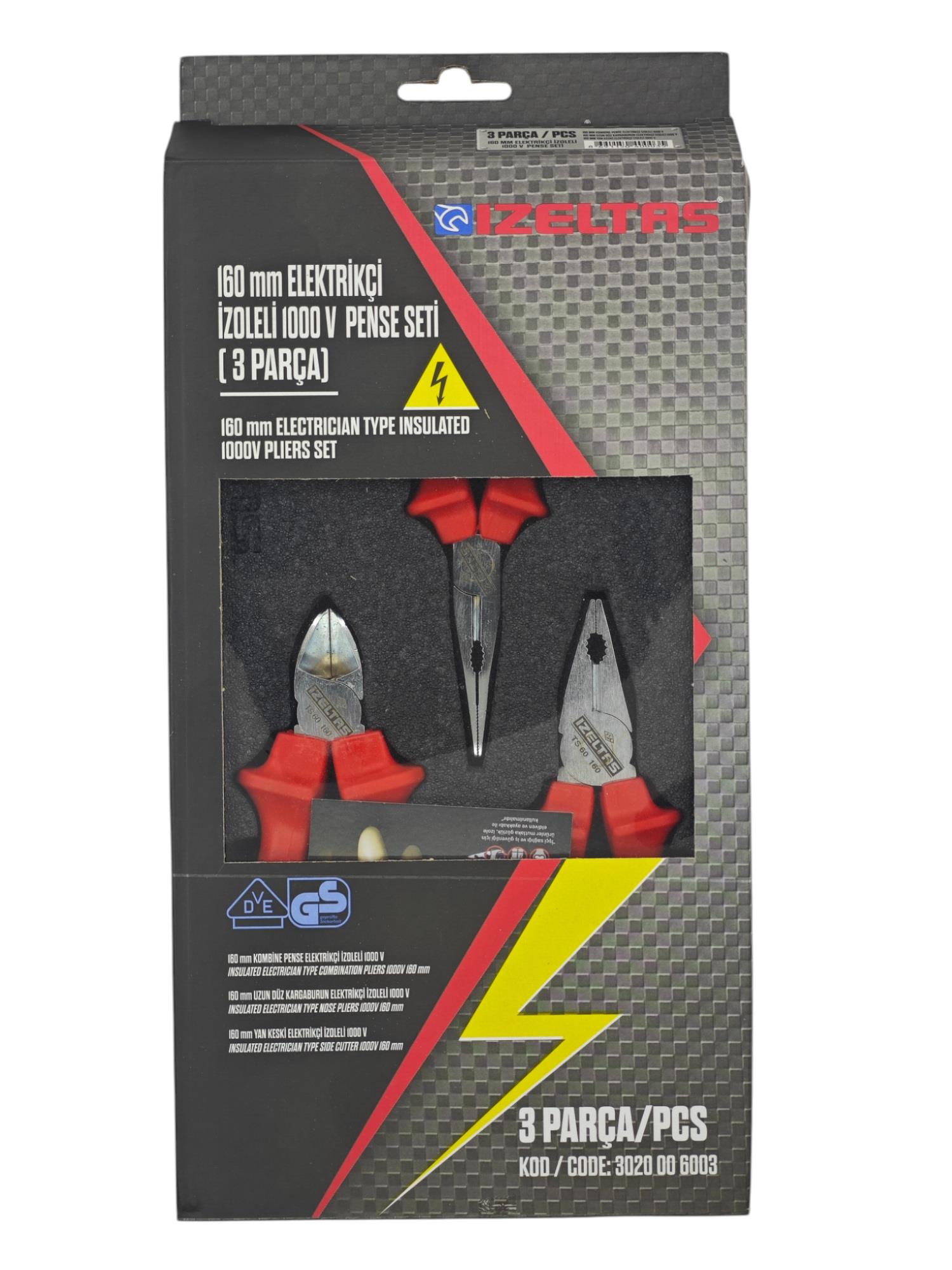 3020006003   İzeltaş 1000V İzoleli Elektrikçi Pense Seti 160mm 3prç