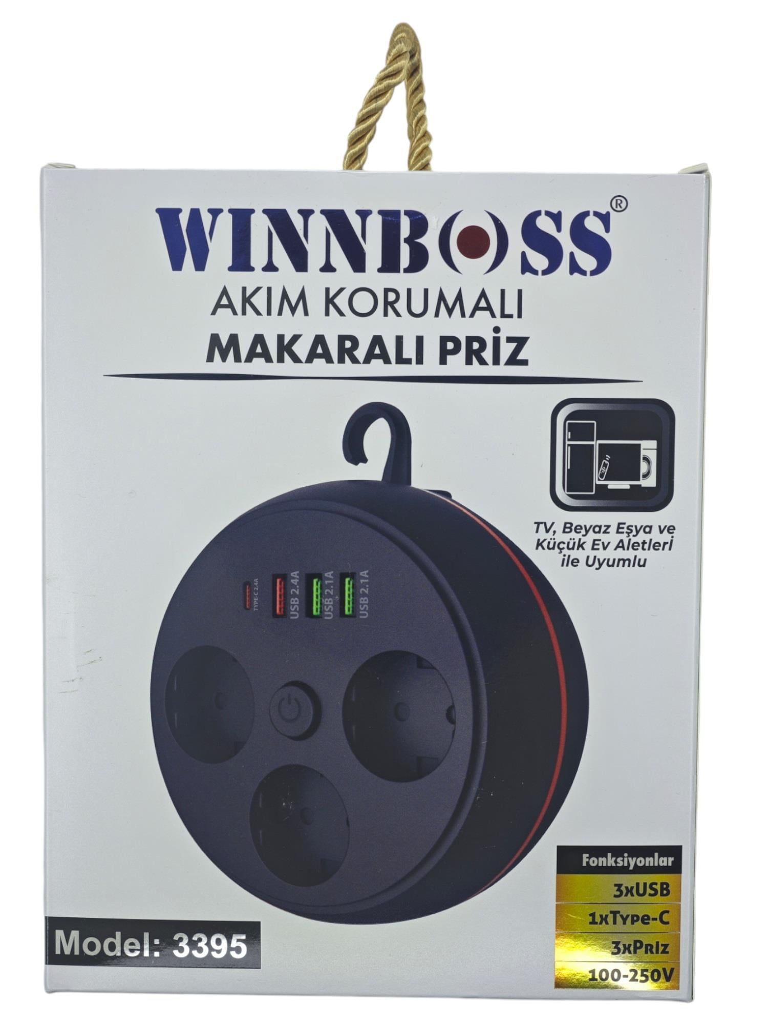 3395   Winnboss 2.1A 4SB Akım Korumalı Makaralı 3lü Priz