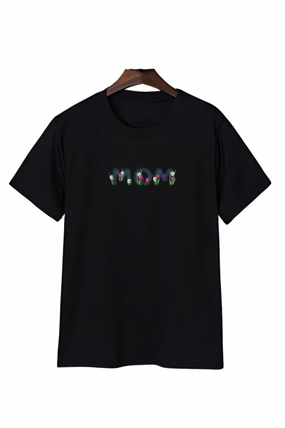 Anneler Günü Mom Çiçek Temalı Baskılı Oversize Bisiklet Yaka T-shirt - Siyah