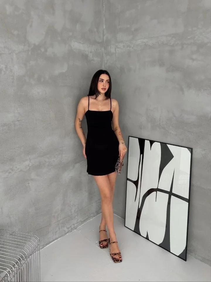 Askılı Şifon Mini Elbise Drapeli Bel Vücuda Oturan Yazlık Şık - Siyah