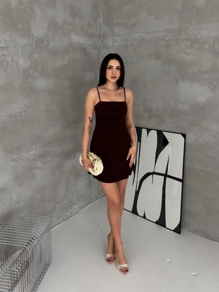 Askılı Şifon Mini Elbise Drapeli Bel Vücuda Oturan Yazlık Şık - Siyah