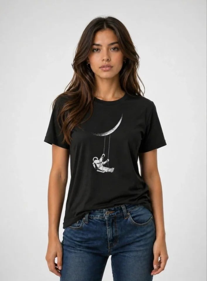 Astronot Ay Temalı Tişört Kısa Kol Yazlık Bisiklet Yaka T-Shirt - Siyah