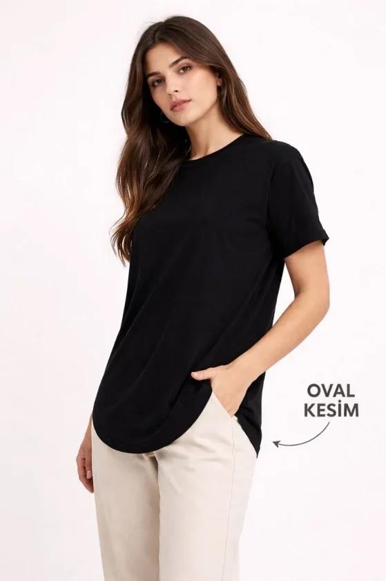 Basic T-Shirt Kısa Kol Bisiklet Yaka Oval Kesim Tişört - Siyah