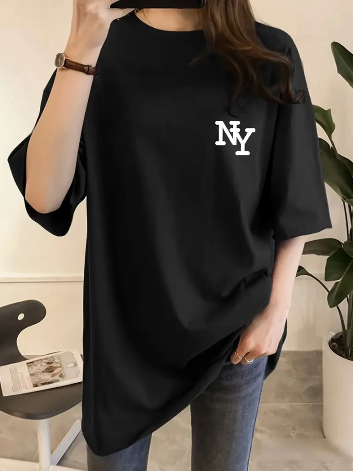 Baskılı Oversize Bisiklet Yaka T-shirt - Siyah