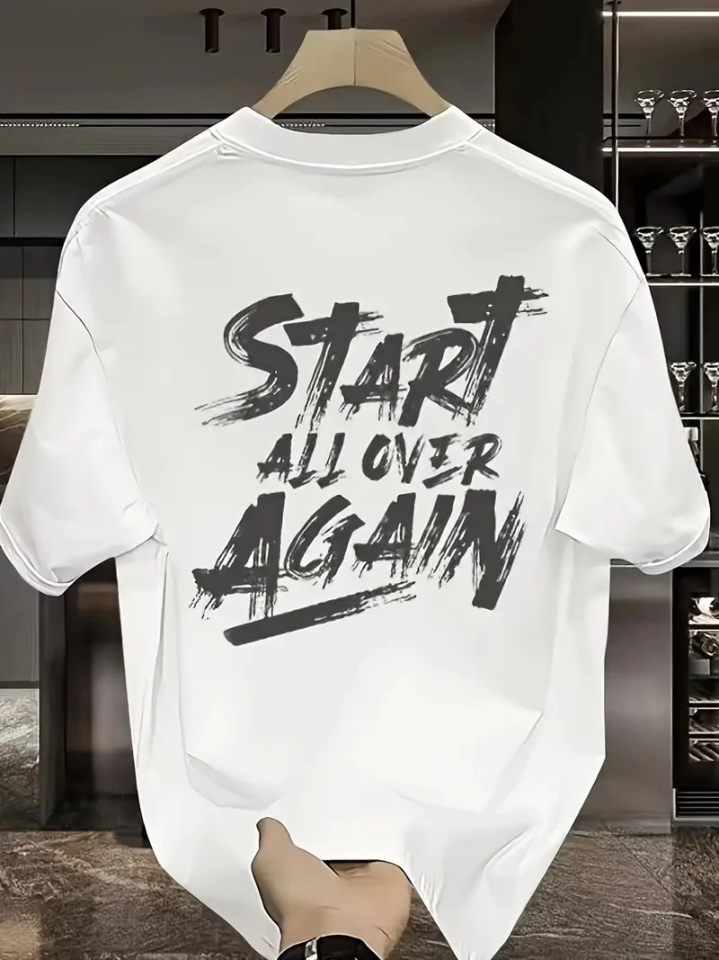 Baskılı Oversize Bisiklet Yaka T-shirt - Beyaz